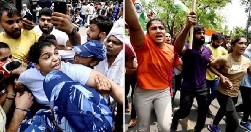 Wrestlers stopped by police officers infront of new parliament